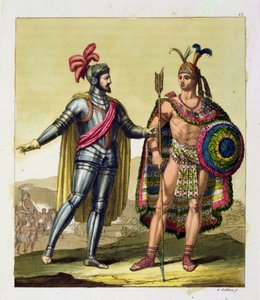 Mötet mellan Hernando Cortes (1485-1547) och Montezuma II (1466-1520), från 