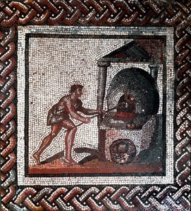 Brödtillverkningsscen. (mosaik, slutet av 2:a, början av 3:e århundradet) av Gallo Roman