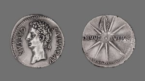 Denarius porträtterar kejsar Augustus, 19-18 f.Kr av Gallo Roman