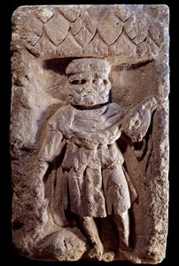 Gallo-romersk konst: tricefala diviniter eller Merkurius har tre huvuden. Relief på sten. 1:a århundradet f.Kr. - 500-talet e.Kr. Paris, Musée Carnavalet av Gallo Roman