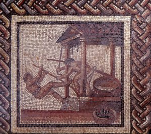 Gallo Roman Art: mosaikbeläggning som representerar en rustik kalender. En oljepress. Slutet 2:a, början av 300-talet efter JC. Från Saint-Romain-en-Gal (Rhone). Saint Germain en Laye, Nationalmuseet för arkeologi av Gallo Roman