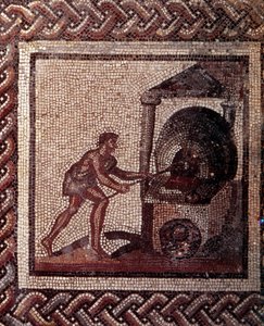 Gallo Roman Art: mosaikbeläggning som representerar en rustik kalender. Brödtillverkningsscen. Slutet 2:a, början av 300-talet efter JC. Från Saint-Romain-en-Gal (Rhone). Saint Germain en Laye, Nationalmuseet för arkeologi av Gallo Roman