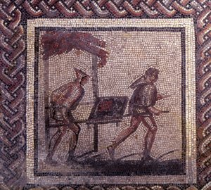 Gallo Roman Art: mosaikbeläggning som representerar en rustik kalender. Gödseltransportscen. Slutet 2:a, början av 300-talet efter JC. Från Saint-Romain-en-Gal (Saint Romain en Gal, Rhone). Saint Germain en Laye, Nationalmuseet för arkeologi av Gallo Roman