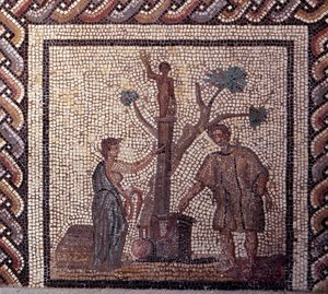 Gallo Roman Art: mosaikbeläggning som representerar en rustik kalender. Offerscen i Ceres och Apollo. Slutet 2:a, början av 300-talet efter JC. Från Saint-Romain-en-Gal (Rhône). Saint Germain en Laye, Nationalmuseet för arkeologi av Gallo Roman