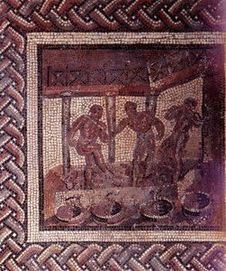 Gallo Roman Art: mosaikbeläggning som representerar en rustik kalender. Scen av att trampa druvor i ett kar. Slutet 2:a, början av 300-talet efter JC. Från Saint-Romain-en-Gal (Rhone). Saint Germain en Laye, Nationalmuseet för arkeologi av Gallo Roman