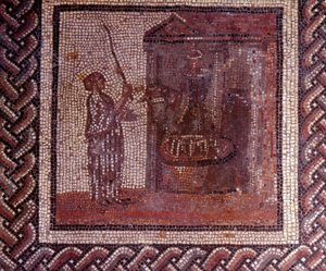 Gallo Roman Art: mosaikbeläggning som representerar en rustik kalender. Verket har slipskivan. Slutet 2:a, början av 300-talet efter JC. Från Saint-Romain-en-Gal (Rhone). Saint Germain en Laye, Nationalmuseet för arkeologi av Gallo Roman
