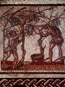 Galloromain konst: höst: plocka äpplen och skörda. Mosaikbeläggning som representerar en rustik kalender från Saint Romain en Gal. Slutet av 2:a-början 3:e århundradet. Saint Germain en Laye, Antikvitets museum av Gallo Roman Gallo Roman