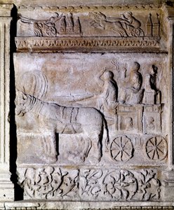 Låg relief från den gallo-romerska perioden föreställande en vagn avfyrad av hästar som transporterar passagerare. Avignon, Musee Calvet av Gallo Roman Gallo Roman