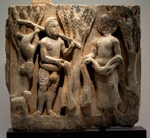 Byt kläder med en jägare. Skulpterad lågrelief, konst av Gandhara (Pakistan), 2:a-3:e århundradet. Koreas nationalmuseum, Seoul (Sydkorea). av Gandhara School