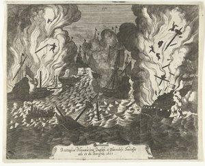 Slaget vid Lowestoft, 1665 Sjöstrid mellan engelsmännen och holländarna successivt den 13 juni 1665 (titel på objekt) av Gaspar Bouttats (attributed to)