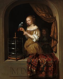 En kvinna som matar en papegoja, med en sida, 1666. av Gaspar Netscher