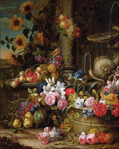 Stilleben av frukt och blommor