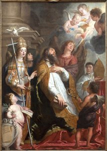 Augustinus av Hippo i extas. Helgonet svimmade och tittade på en hjärtvinge i brand och omgiven av änglar. Till vänster, den Helige Andes duva (Helige Ande). Målning av Gaspar de Crayer (1584-1669), flamländsk konst 1600-talet. Olja på duk. Dämpa.