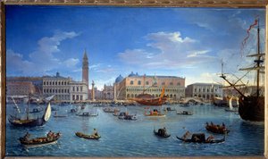 Utsikt över Venedig, piren, torget och Dogepalatset, från ön Saint George (San Giorgio) Målning av Gaspare Vanvitelli (Gaspar van Wittel, Caspar Van Vitelli) (1653-1736) 1697 Dim 1,74x0,98 m Madrid, Musee du Prado - Utsikt över Venedig, sid