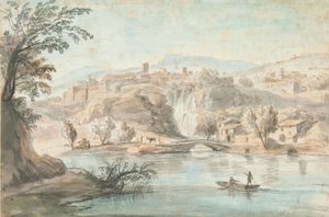 Landskap i Tivoli, 1701-10 (penna, brunt bläck & färgade tvättar på papper) av Gaspar van Wittel