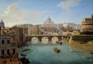 Utsikt över Peterskyrkan i Rom, detalj av målningen "" Utsikt över St. Angelos slott i Rom" Panorama över staden, Tibern och Castel Sant"Angelo, kejsar Hadrianus mausolee"" Målning av Gaspare Vanvitelli
