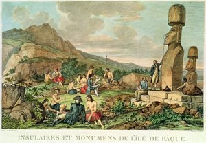 Islanders and monuments of Easter Island, skylt 11 från Atlas de Voyage de La Perouse, 1785-88 (gravyr)