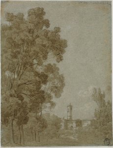 Romerskt landskap med utsikt över kyrka av Gaspard Dughet