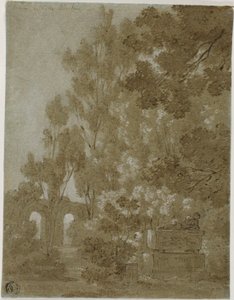 Utsikt över ruinerade valvbågar och grav i Villa Borghese