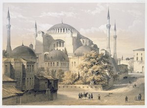 Hagia Sophia, skylt 19: exteriörvy av moskén, graverad av Louis Haghe (1806-85) publicerad 1852