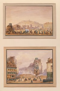 Attacken mot Clos Saint-Lazare i juni 1848 och attacken mot barrikaden vid ingången till Faubourg Saint-Antoine med general Francois de Negriers (1839-1913) död 25 juni 1848 (gouach) av Gaspard Gobaut