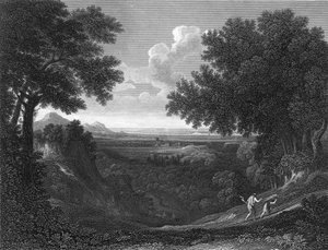Landskap, med Abraham och Isak (gravyr) av Gaspard Poussin (after) Dughet
