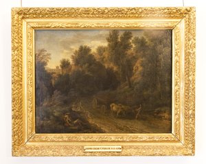 Ett klassiskt landskap med en oxvagn och figurer av Gaspard Poussin Dughet