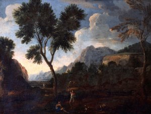 Jägare i en dal, av Gaspard Dughet (1615-1675), olja på duk, 56x67 cm.