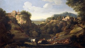 Italienskt landskap som visar jaktscen, av Gaspard Dughet (1615-1675)