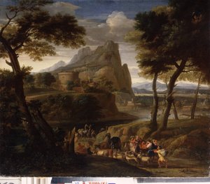 ""Landskap med en grupp av resenärer"" (Landskap med husvagn) Målning av Gaspard Dughet (1615-1675) 1600-talets statliga friluftsmuseum Palace Gatchina, Sankt Petersburg