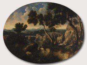 Stenigt landskap med jägare, c.1635