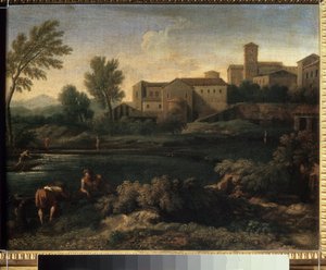 ""Utsikt över en stad i Lazio-regionen nära Rom"" (En liten stad i Latium) Målning av Gaspard Dughet (1615-1675) Circa 1660 Pushkin Museum, Moskva