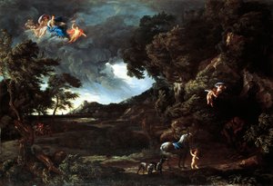 Landskap med unionen av Dido och Aeneas, ca 1664-48 (olja på duk) av Gaspard Poussin and Maratta or Maratti Carlo Dughet
