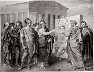 Atenske politikern Pericles (495-429 f.Kr.) och Aspasie hans följeslagare regisserar Phidias arbete för Parthenon a Athenes (Pericles och Aspasia regisserar Phidias arbete för Parthenon i Aten) Gravyr efter en målning av Gaspare Landi (1756-1830). 19:e av Gaspare Landi