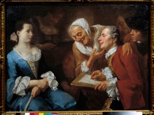 En målare och hans modell, bakom honom sträcker en gammal kvinna på nacken för att titta på hennes teckning. Målning av Gaspare Traversi (1732- 1769) 1754 Sön. 0,99x0,73 m
