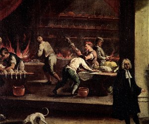 Venetianska kockar som arbetar i ett kök Detalj - Målning tillskriven Gaspare Diziani (1698-1767), fänrik för kockkonsten (Arte dei cuochi) Venedig, Museo Correr