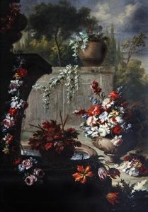 Stilleben av blommor i prydnadsvaser (olja på koppar) (par till 379514)