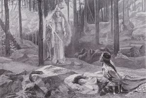 Uppenbarelsen (Brunnhilde upptäcker Sieglinde och Siegmund) (litho) av Gaston Bussiere