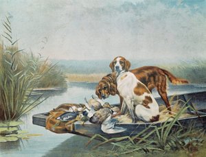 Jaktsouvenirer: "" hundar och vilt"" Akvarell av Jules och Gaston Gelibert (1800-talet) Paris, dekorativ konst