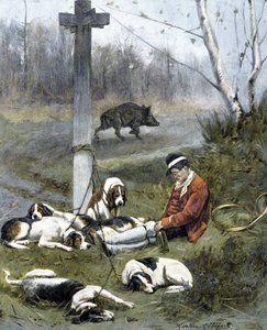 Jägaren och hans sömniga hundar - gravyr av Gaston Gelebert