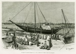 En tepe på Zanzibarmarknaden (Tanzania). Gravyr av G.Vuillier, för att illustrera berättelsen Voyage among the Benadirs, Somali and Bayouns, 1882 and 1883, by G.Revoil, in le tour du monde 1888, regisserad av Edouard Charton (1807-1890), Hachette, Paris. av Gaston Vuillier