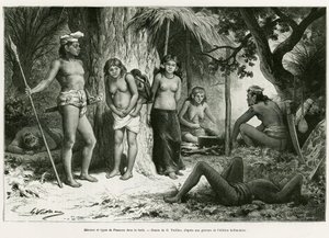 Bivack och typer av lungor i skogen. Gravyr av G.Vuillier, för att illustrera berättelsen De Koutei a Bandjirmasin, resa genom Borneo, av Carl Bock, i le tour du monde 1890, regisserad av Edouard Charton (1807-1890), Hachette, Paris. av Gaston Vuillier