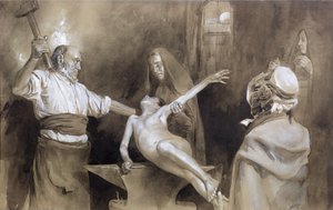 Hammering the Spleen (penna och tvätt på papper) av Gaston Vuillier