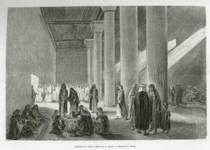 Inne i Emir Muhammad Ibn Abdullah Al Rashids (1872-1897) palats i Hail, Saudiarabien. Gravyr av G.Vuillier, för att illustrera berättelsen "" pelerinage au Nedjed, den arabiska rasens vagga"", av Lady Anna Blunt, 1878-1879, publicerad i Tour du mo