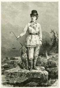 Porträtt av Madame Marie De Ujfalvy-Bourdon, i reseklänning, med sin hund, gift med etnologen lingvist och upptäcktsresande Charles Eugene Ujfalvy (1842-1904), hon följde med honom på alla hans expeditioner. Gravyr av G.Vuillier, efter naturen för att illu