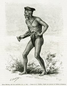 Sibou Mobang, chef för kannibaler. Gravyr av G.Vuillier, för att illustrera berättelsen De Koutei a Bandjirmasin, resa genom Borneo, av Carl Bock, i le tour du monde 1890, regisserad av Edouard Charton (1807-1890), Hachette, Paris. av Gaston Vuillier