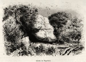 Grottan Napoleon, eller Napoleon Bonaparte (1769-1821) älskade att ta sin tillflykt som barn för att studera och meditera. Gravyr och berättelse "" La Corse"" av Gaston Vuillier (1845-1915), 1890, i Le tour du monde, nouveau journal des voyages, under ledn