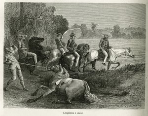 Expeditionen till häst för att utforska dalen Terable, gravering efter en teckning av G.Vuillier, för att illustrera historien De Cayenne aux Andes, av Jules Crevaux, doktor vid den franska flottan, 1878-1879, publicerad i turnén du monde, unde av Gaston Vuillier