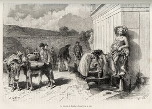 Fontänen av Rossello, i Sassari (Italien). Dagliga aktiviteter, kvinna som fyller en criche och vattenbärare med sina åsnor, fyller sina tunnor. Gravyr och berättelse "" La Sardaigne"" av Gaston Vuillier (1845-1915), 1890, i Le tour du monde, nouv av Gaston Vuillier