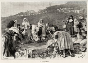 Lavendeln från Osilo (Italien), kvinnor samlades runt bassängen. Gravyr och berättelse "" La Sardaigne"" av Gaston Vuillier (1845-1915), 1890, i Le tour du monde, nouveau journal des voyages, under ledning av Edouard Charton (1807-1890), 2:a terminen av Gaston Vuillier